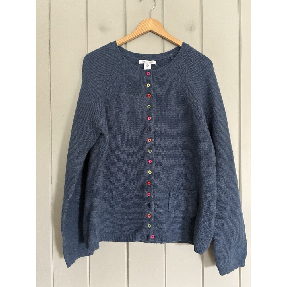 Tabitha Webb Cardigan Sweater L Large Blue Knit Lambswool Buttons Patch Pocket